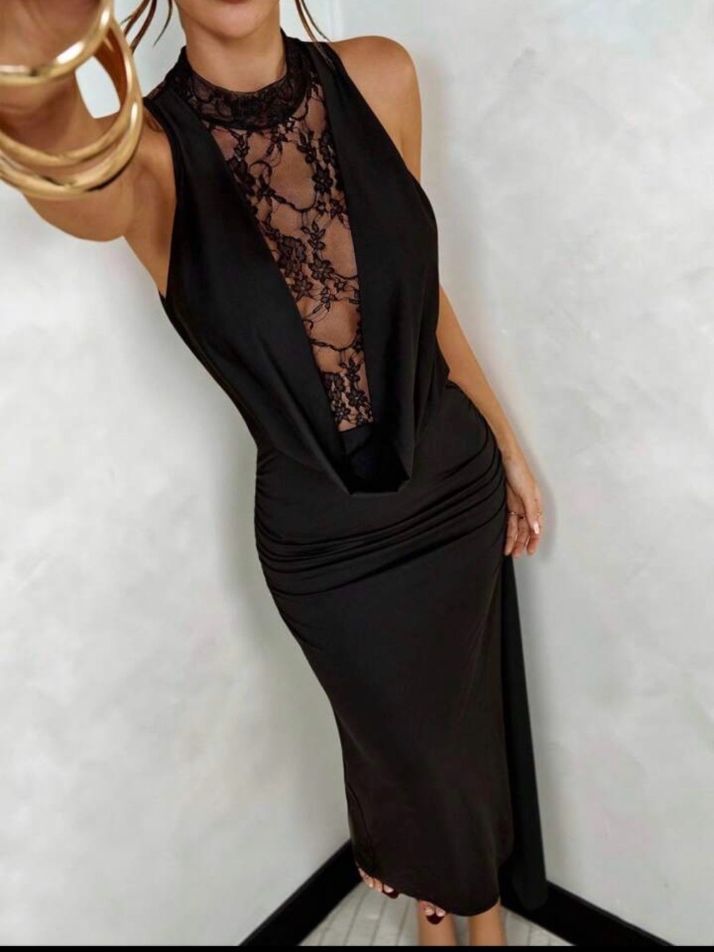 Black Lace-Inset Sleeveless Dress